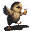 Cute bird drinks a beer