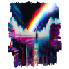 Futuristic cityscape with rainbow art