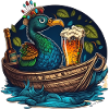 Pfau im Boot mit Bierglas