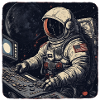 Cool retro astronaut operates computers