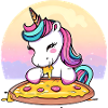 Unicorno che mangia la pizza al tramonto