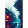 Asian city in the rain