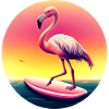 Surfing flamingo in sunset
