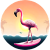 Surfing flamingo in sunset