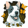 Fröhlicher Bullterrier mit Blumen
