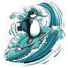 Penguin surfing on wave