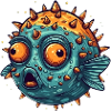 Funny puffer fish with spines that squints humor