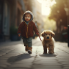 Baby walking a puppy