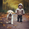 Baby walking a puppy