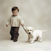 Baby walking a puppy