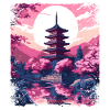 Kirschblüten-Sakura-Baum in einem Vaporwave-Tempel