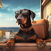 Doberman with sunglasses in his luggage