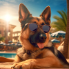 Schæferhund med solbriller på ferie ved poolen