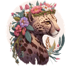 Söt Ocelot Flower Crown Blommig Akvarell Djur
