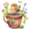 Watercolor Robin in Pot Garden