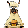Funny llama enjoying a cheeseburger