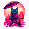 Synthwave japan Cat with umbrella