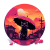 Synthwave japan Cat with umbrella