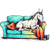 Licorne Frissons comme un animal paresseux sur le canapé