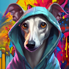 Whippet im Kapuzenpulli Graffiti-Künstler