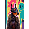 Bossy Doberman i pelsfrakke foran graffiti