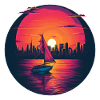 Synthwave sailing ship sunset