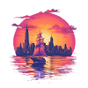 Synthwave sailing ship sunset Dream