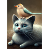 Vogel sitzt auf Katze
