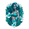 Femme turquoise en fleurs tropicales