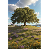 Oak tree on wildflower meadow