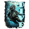 Diver with fish and lettering