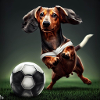 A dachshund dog playing football