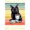 Schwarze Katze mit Kaffee und Buch