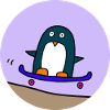 Penguin rides skateboard