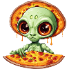 green alien enjoys salami pizza