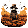 Läskig Halloween fågelskrämma i pumpa fält