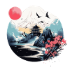 Japanese Mountain, Water & Pagoda Scene