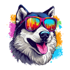 Bunte Alaskan Husky mit Sonnenbrille