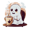 Cute little ghost drinking coffee
