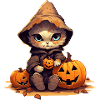 Halloween-Katze mit Kapuze und Kürbis