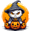 Witch cat with three pumpkins