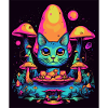 Surreal colorful world with mushrooms and cat