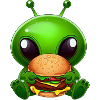Green alien enjoying fast food