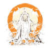 Scary skeleton zombie with pumpkins