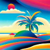 Beach sunset in 80s style