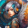 Cool cyberpunk angel with headphones