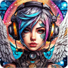 Cool cyberpunk angel with headphones