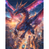 Drache fliegt über futuristische Stadt