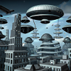 Futuristic city with UFO