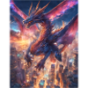 Mythical dragon over city